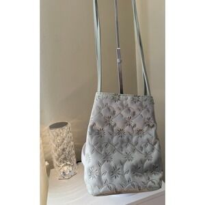 A 1990's Nine West small silver/sage jacquard fabric satchel hand